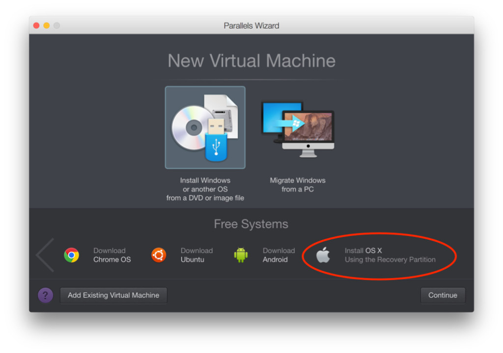 Create new VM Scren Parallels 10 Showing Mac OS X Yosmite 10.10